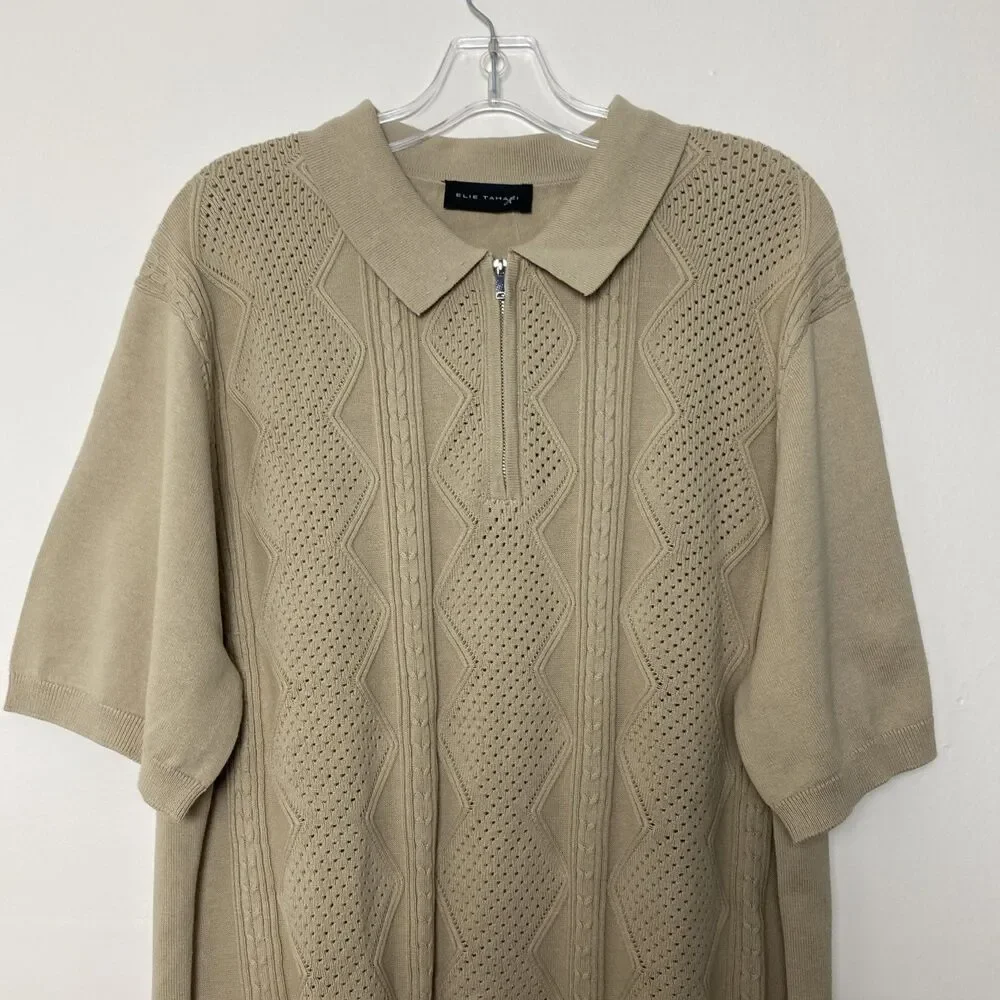 Elie Tahari Polo Shirt Sweater Mens XL Beige Tan Textured Knit Short Sleeve Zip